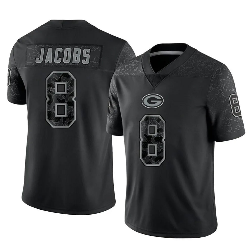 GB.Packers #8 Josh Jacobs Player Black Reflective Limited Home Game ROCER Stitched Jerseys