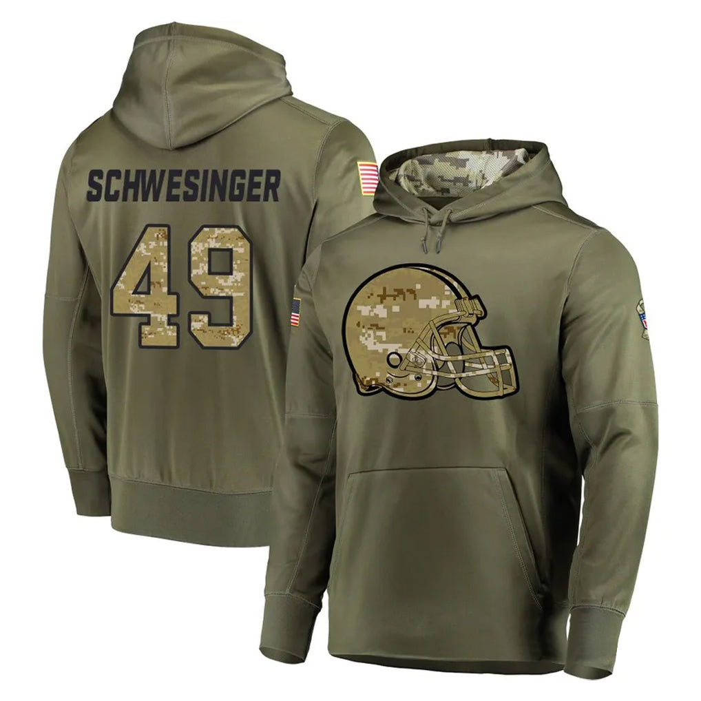 C.Browns #49 Carson Schwesinger Player Olive Salute to Service Pullover Hoodies Home Game ROCER Stitched Jerseys