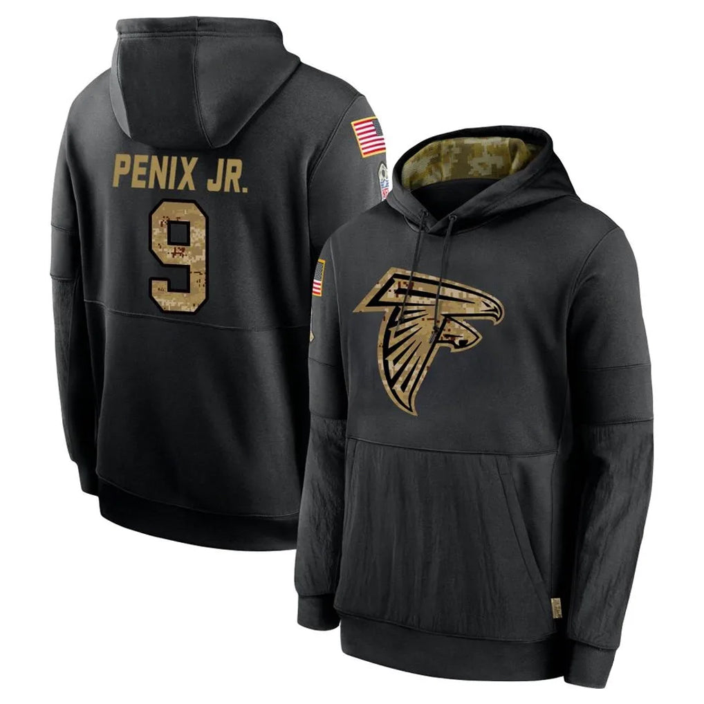 A.Falcons #9 Michael Penix Jr. Player Black Salute to Service Limited Black Hoodie ROCER Stitched Jerseys