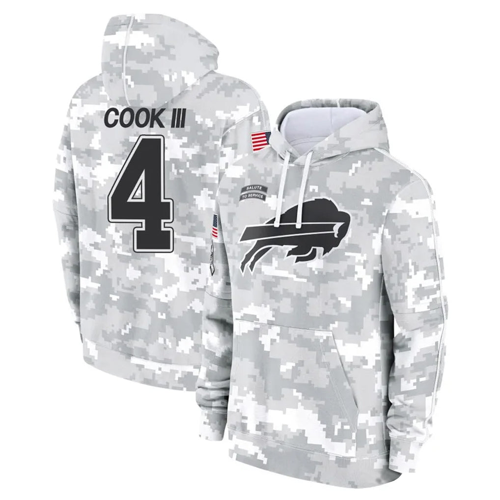 B.Bills #4 James Cook III Player Arctic Camo Salute to Service Hoodies Game ROCER Stitched Jerseys