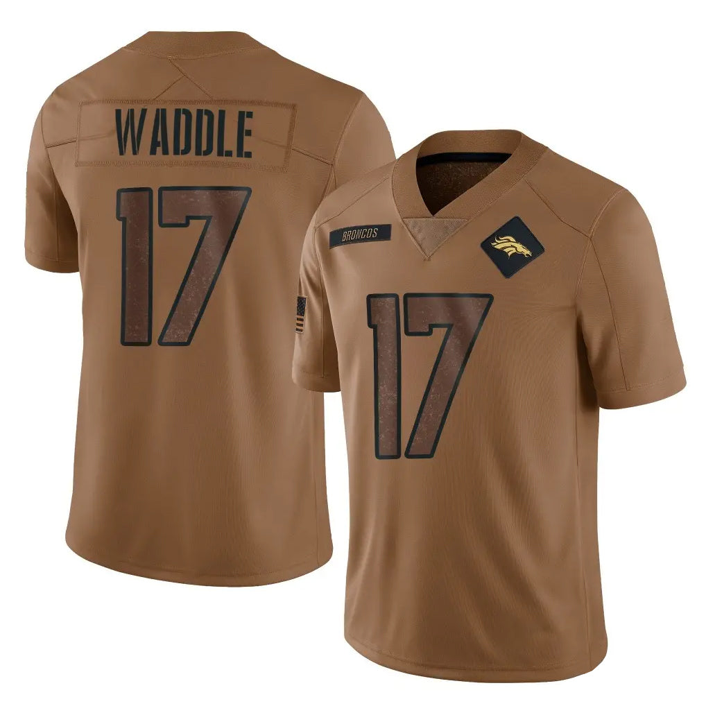 D.Broncos #17 Jaylen Waddle Player Brown Salute To Service Limited ROCER Stitched Jerseys