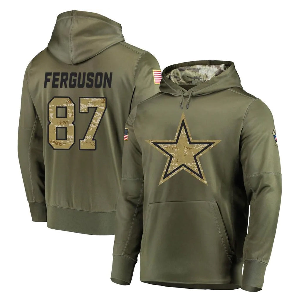 D.Cowboys #87 Jake Ferguson Player Olive Salute to Service Pullover Hoodies Home Game ROCER Stitched Jerseys