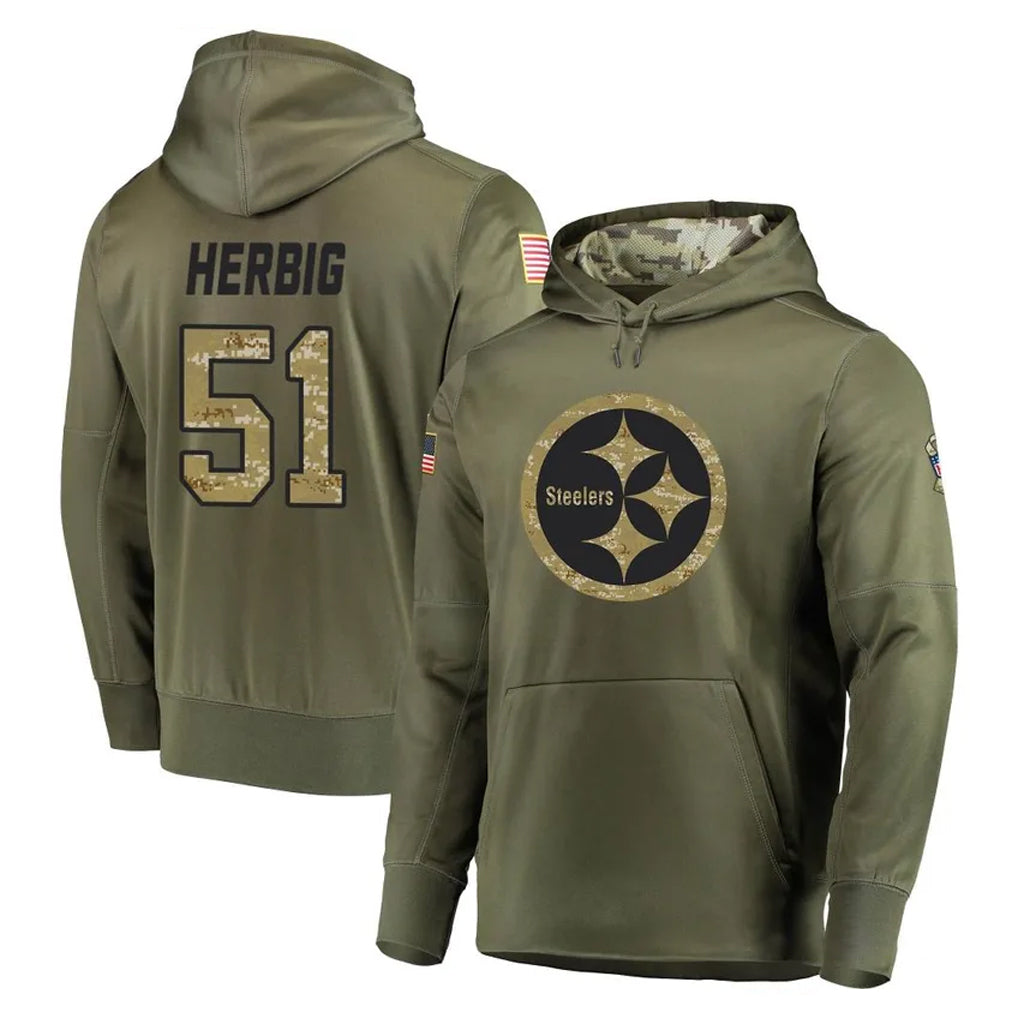 P.Steelers #51 Nick Herbig Player Olive Salute to Service Pullover Hoodie Home Game ROCER Stitched Jerseys