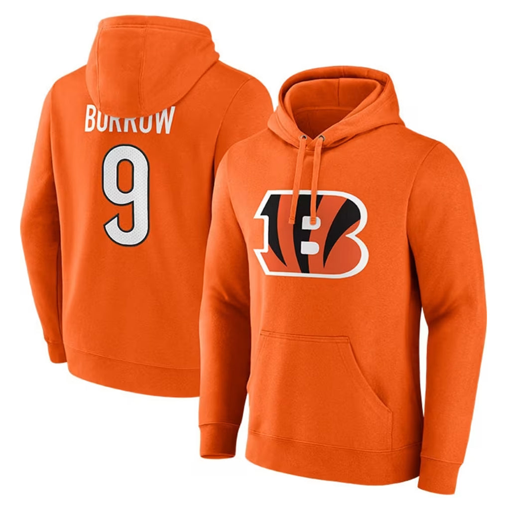 C.Bengals #9 Joe Burrow Player Orange Salute to Service Pullover Hoodie Limited ROCER Stitched Jerseys