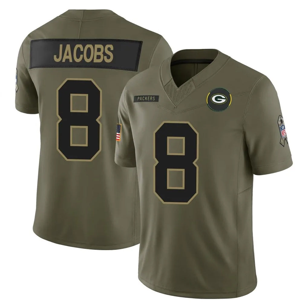 GB.Packers #8 Josh Jacobs Player Olive 2025 Salute To Service Limited Home Game ROCER Stitched Jerseys