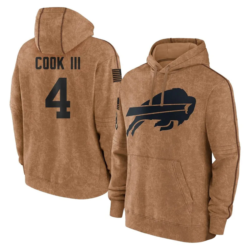 B.Bills #4 James Cook III Player Brown Salute to Service Hoodies ROCER Stitched Jerseys