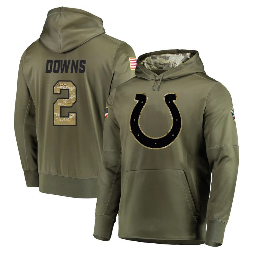 IN.Colts #2 Josh Downs Player Olive Salute to Service Pullover Hoodies Home Game ROCER Stitched Jerseys