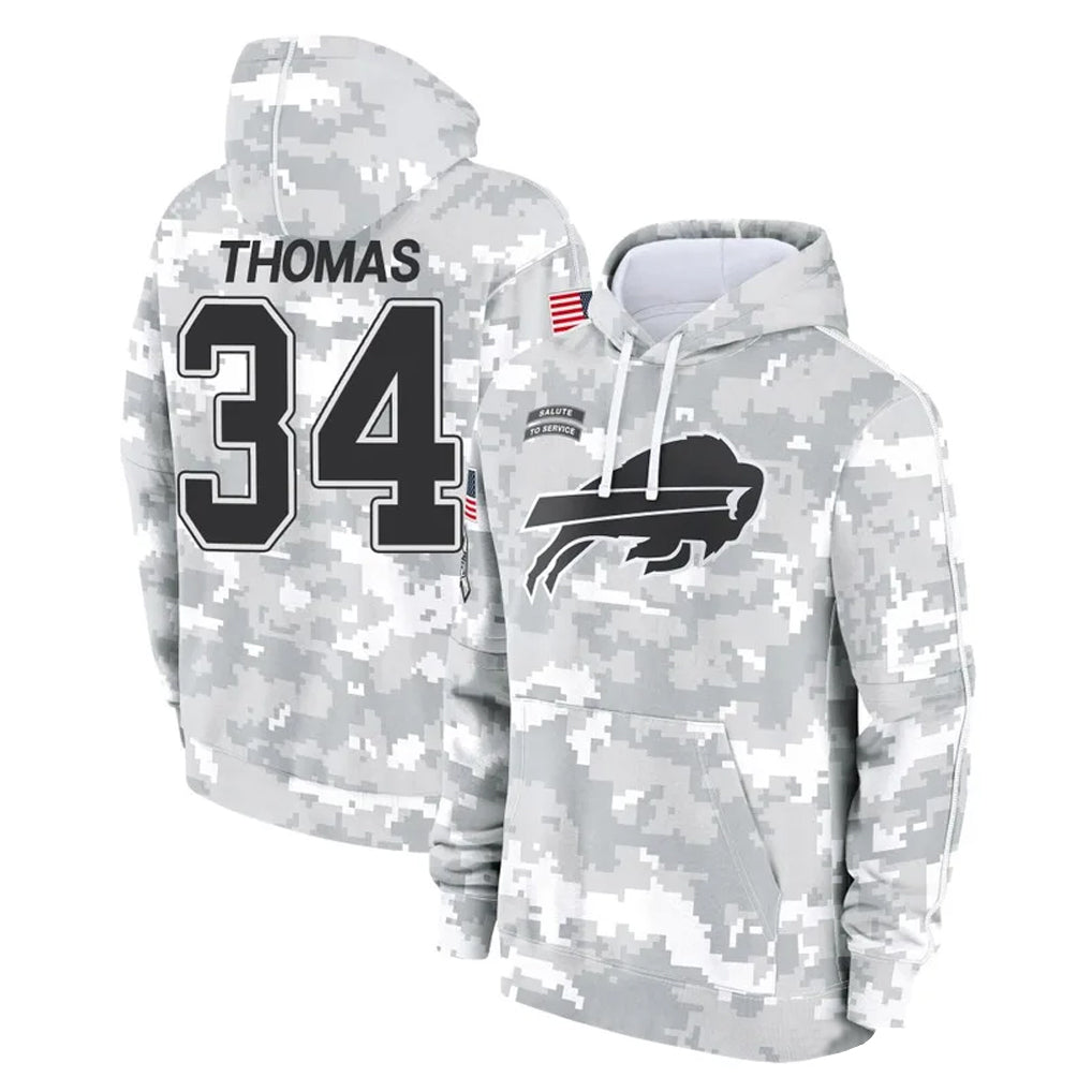 B.Bills #34 Thurman Thomas Player Arctic Camo Salute to Service Hoodies Limited ROCER Stitched Jerseys