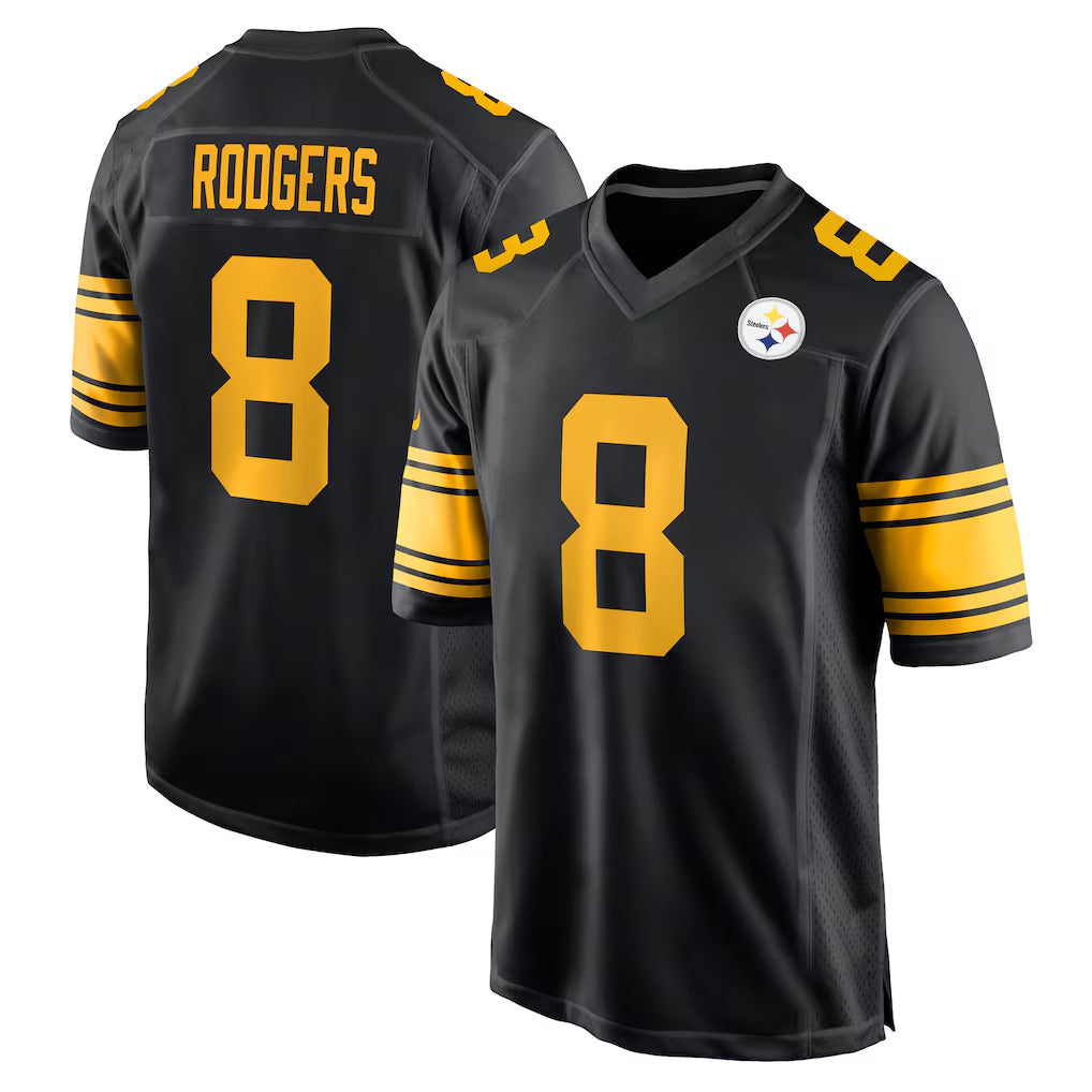 P.Steelers #8 Aaron Rodgers Player Black Color Rush Home Game ROCER Stitched Jerseys