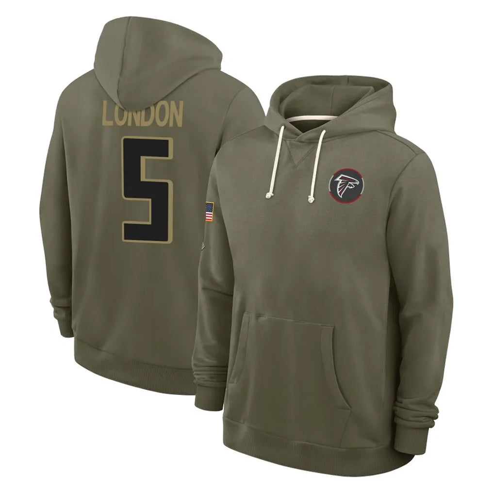 A.Falcons #5 Drake London Player Olive 2025 Salute to Service Hoodies ROCER Stitched Jerseys