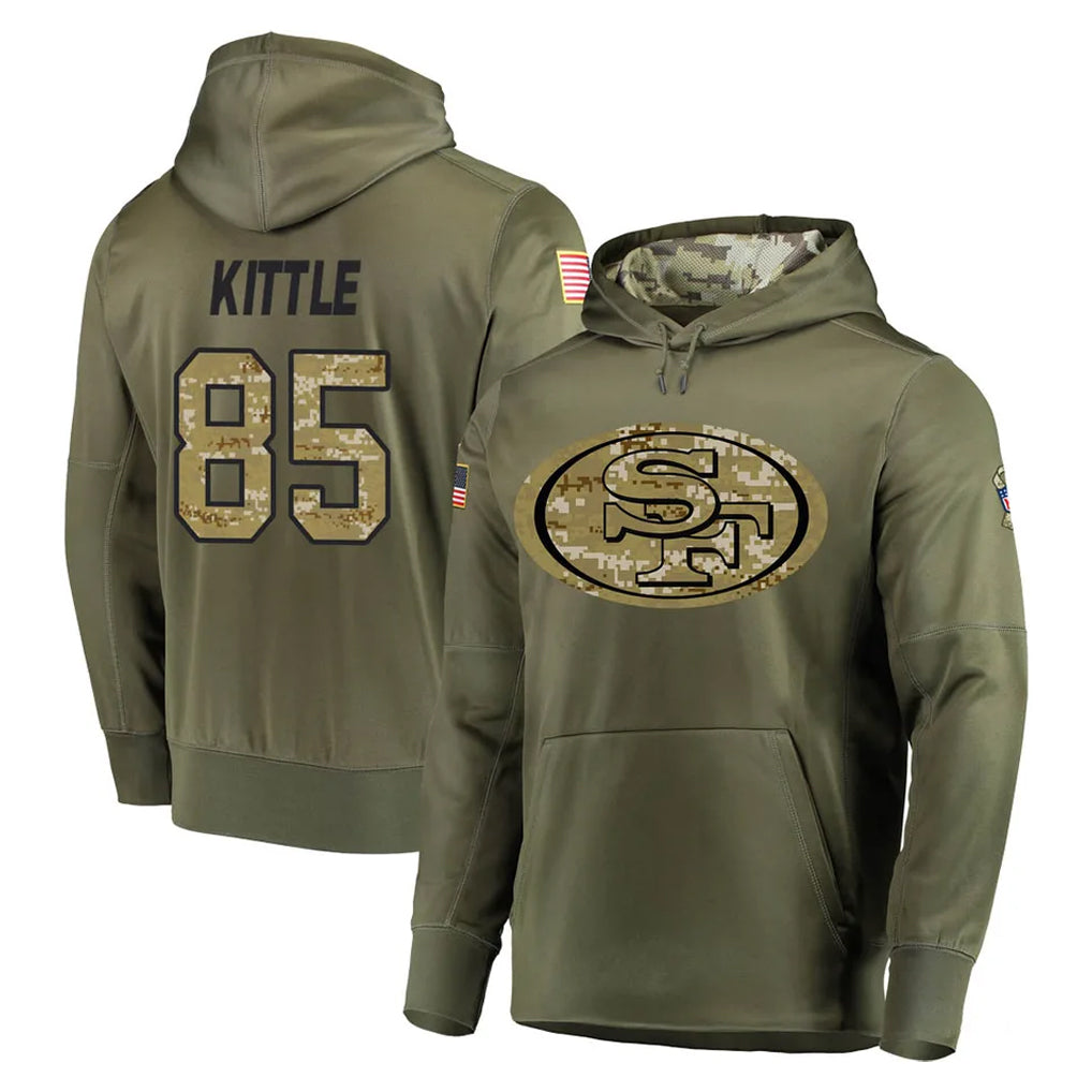 SF.49ers #85 George Kittle Player Olive Salute to Service Pullover Hoodie Home Game ROCER Stitched Jerseys