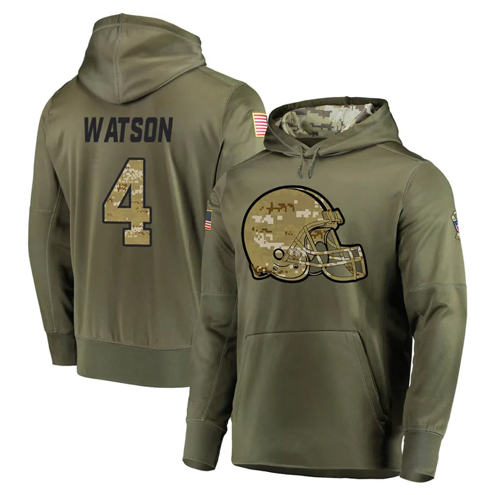 C.Browns #4 Deshaun Watson Player Olive Salute to Service Pullover Hoodies Home Game ROCER Stitched Jerseys