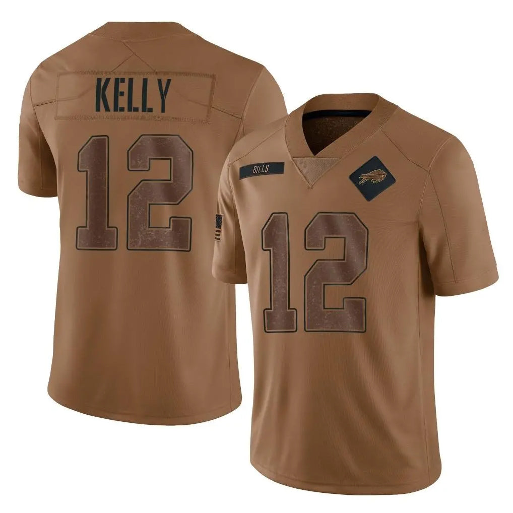 B.Bills #12 Jim Kelly Player Brown Salute To Service Limited ROCER Stitched Jerseys