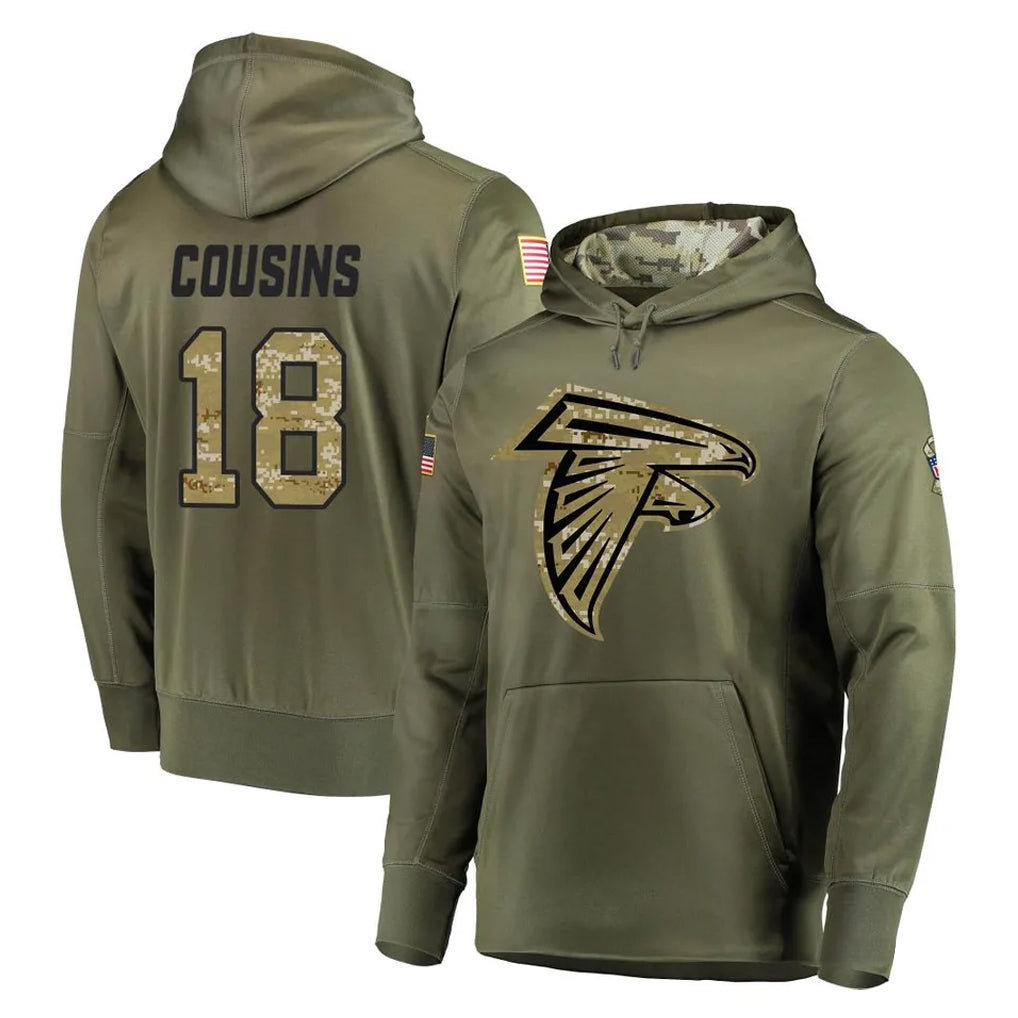 A.Falcons #18 Kirk Cousins Player Olive Salute to Service Club Fleece Hoodie ROCER Stitched Jerseys
