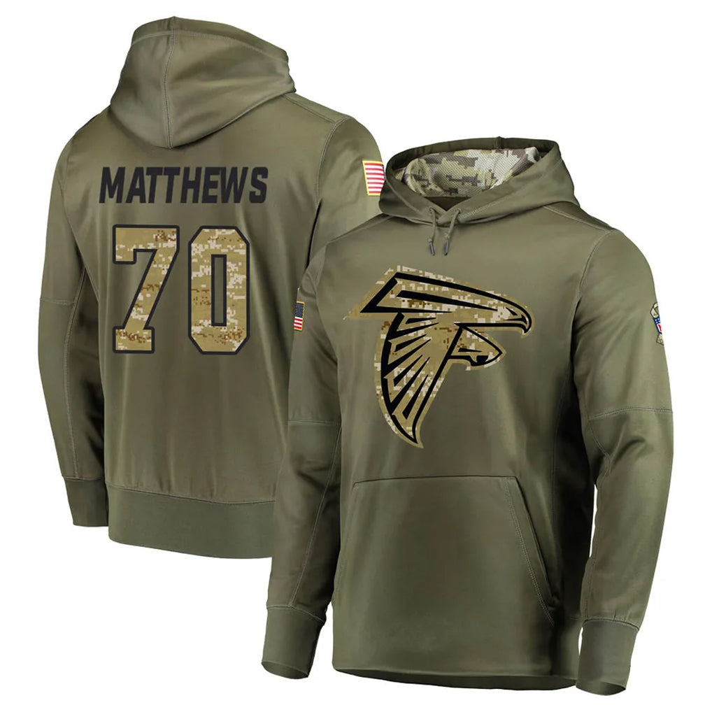 A.Falcons #70 Jake Matthews Player Olive Salute to Service Club Fleece Hoodie ROCER Stitched Jerseys