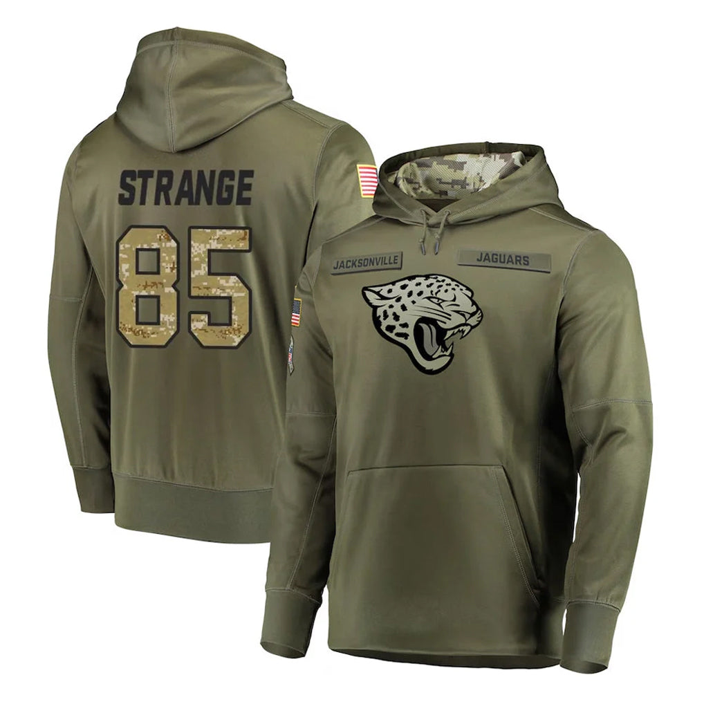 J.Jaguars #85 Brenton Strange Player Olive Salute to Service Pullover Hoodies Home Game ROCER Stitched Jerseys