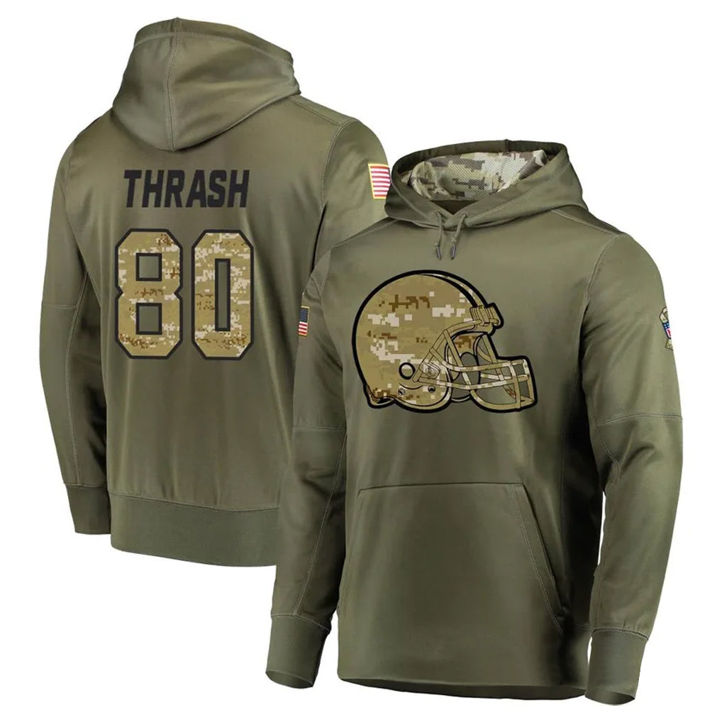C.Browns #80 Jamari Thrash Player Olive Salute to Service Pullover Hoodies Home Game ROCER Stitched Jerseys
