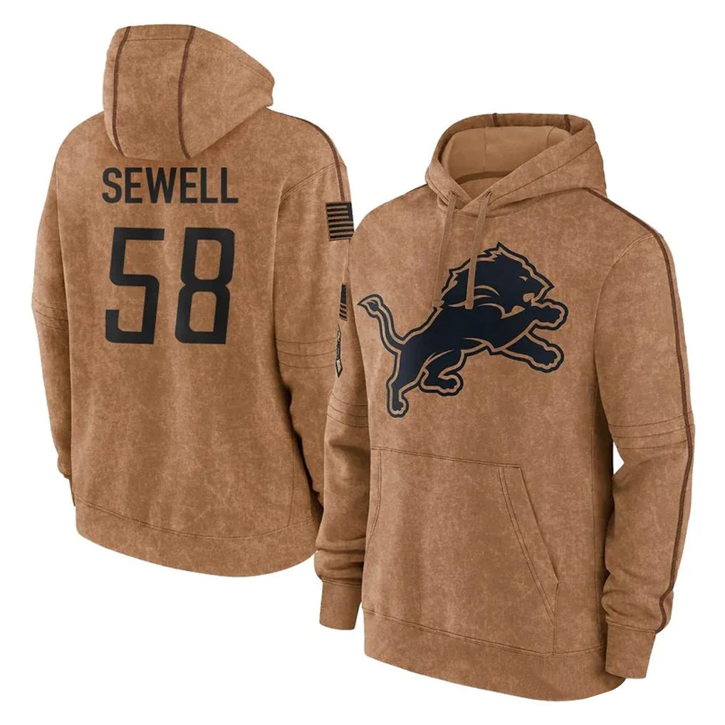 D.Lions #58 Penei Sewell Player Brown Salute to Service Hoodies Limited Game ROCER Stitched Jerseys