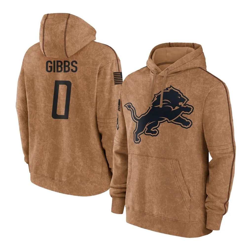 D.Lions #0 Jahmyr Gibbs Player Brown Salute to Service Hoodies Limited Game ROCER Stitched Jerseys