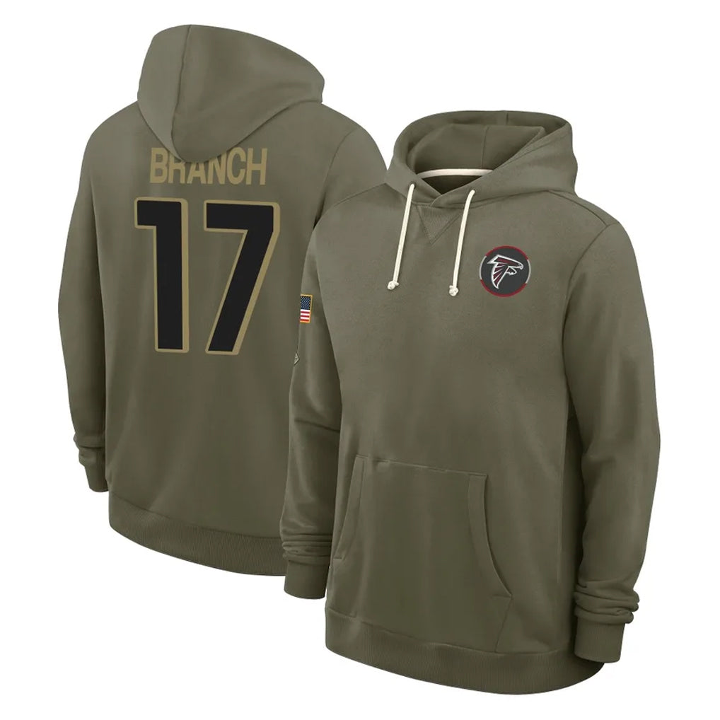 A.Falcons #17 Zachariah Branch Player Olive 2025 Salute to Service Hoodies ROCER Stitched Jerseys