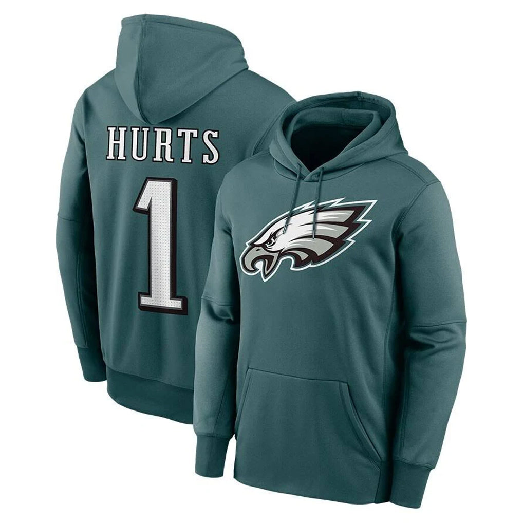 P.Eagles #1 Jalen Hurts Player Midnight Green Performance Pullover Hoodies Home Game ROCER Stitched Jerseys
