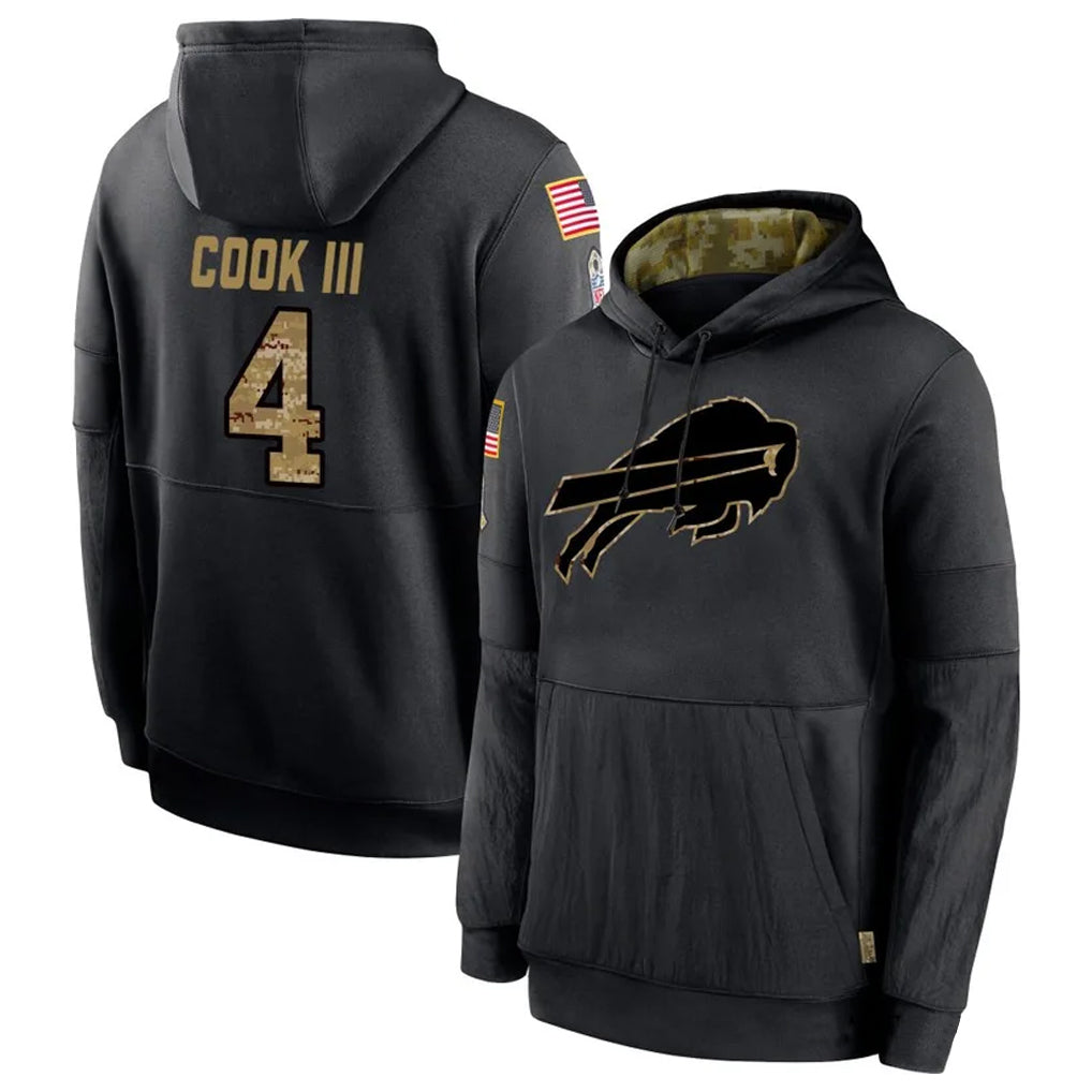 B.Bills #4 James Cook III Player Black Salute to Service Hoodies Hame ROCER Stitched Jerseys