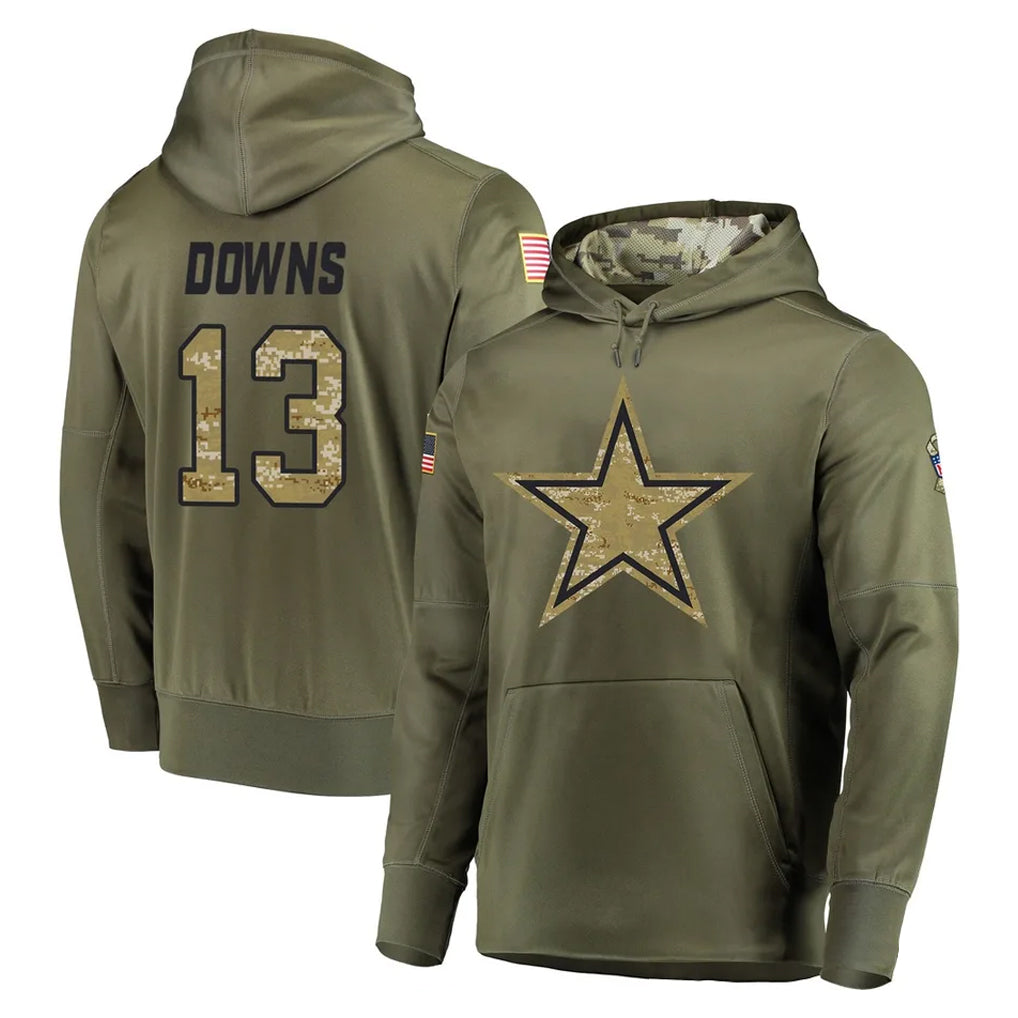 D.Cowboys #13 Caleb Downs Player Olive Salute to Service Pullover Hoodies Home Game ROCER Stitched Jerseys