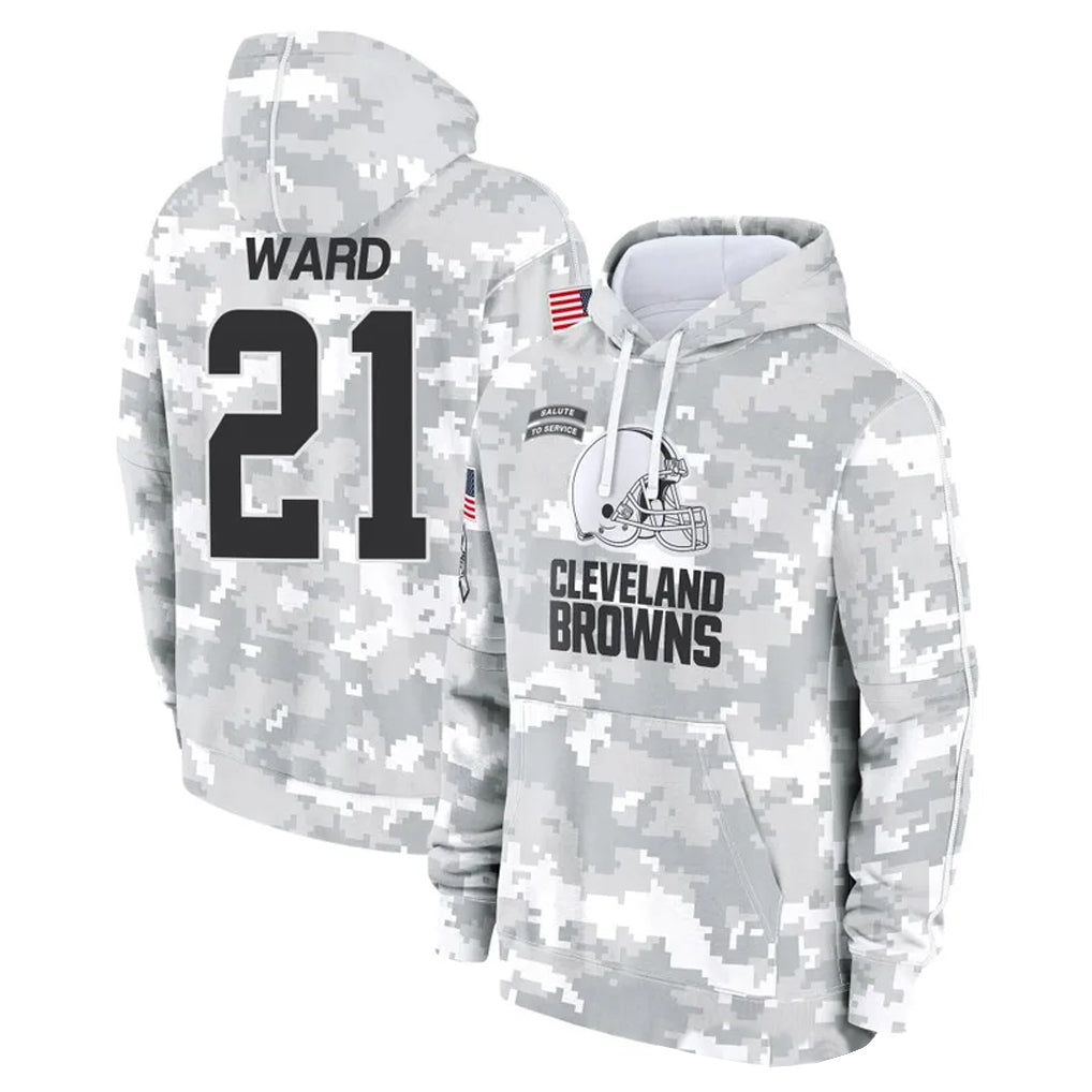 C.Browns #21 Denzel Ward Player Arctic Camo Salute to Service Hoodies Limited Game ROCER Stitched Jerseys