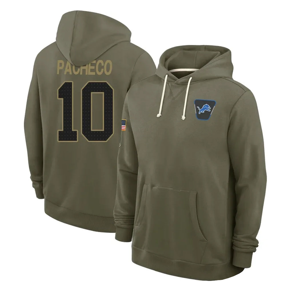 D.Lions #10 Isiah Pacheco Player Olive Salute to Service Pullover Hoodies Limited ROCER Stitched Jerseys