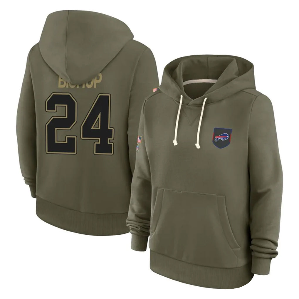 B.Bills #24 Cole Bishop Player Olive Salute to Service Hoodies ROCER Stitched Jerseys