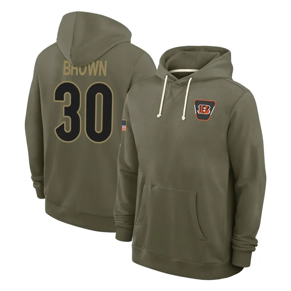 C.Bengals #30 Chase Brown Player Olive Salute to Service Pullover Hoodies Limited ROCER Stitched Jerseys