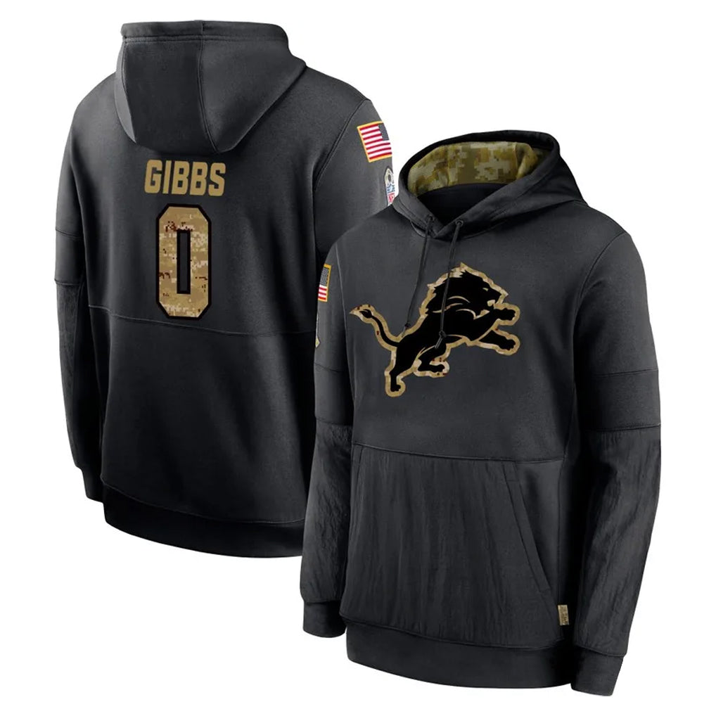 D.Lions #0 Jahmyr Gibbs Player Black Salute to Service Hoodies Limited Game ROCER Stitched Jerseys