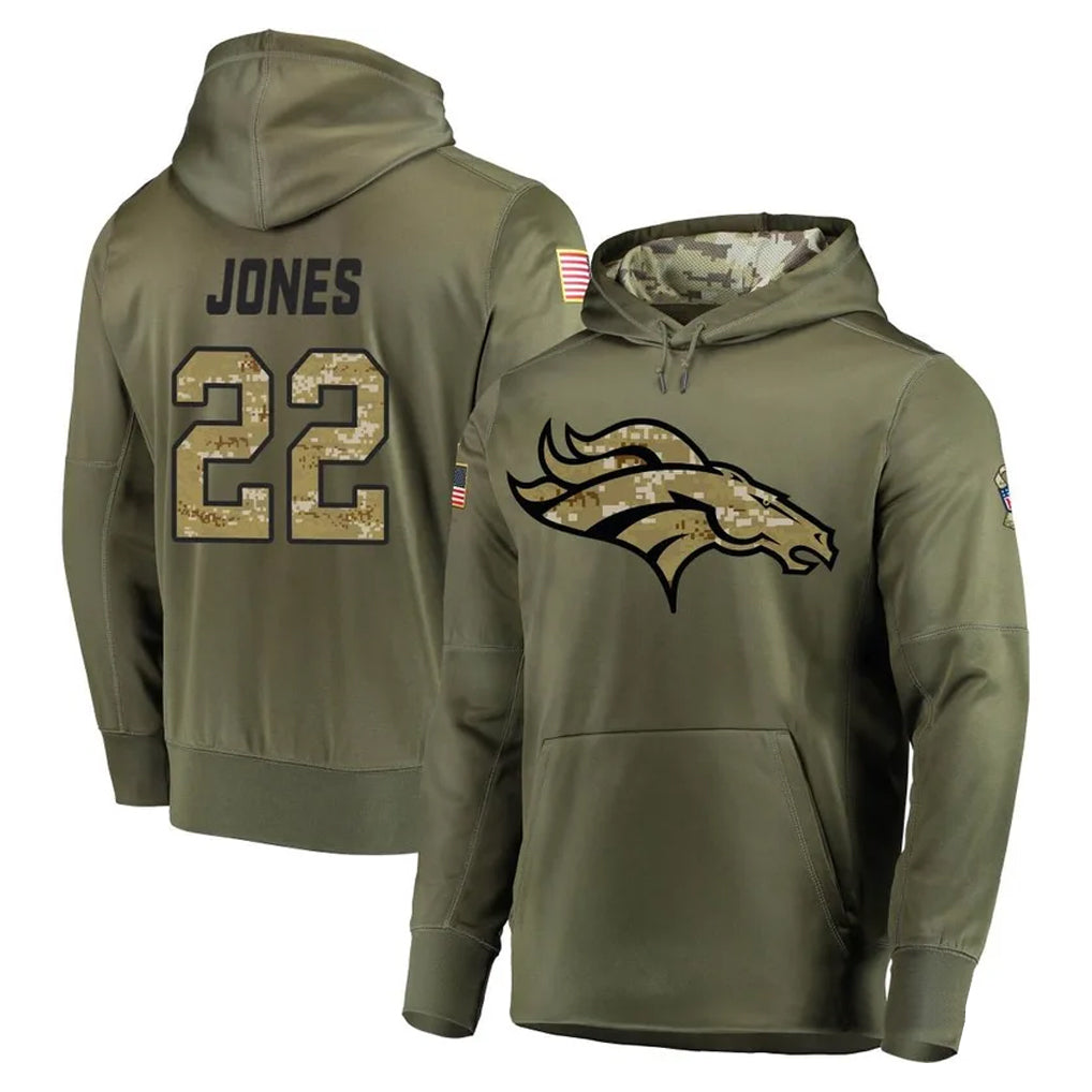 D.Broncos #22 Brandon Jones Player Olive Salute to Service Pullover Hoodies Home Game ROCER Stitched Jerseys