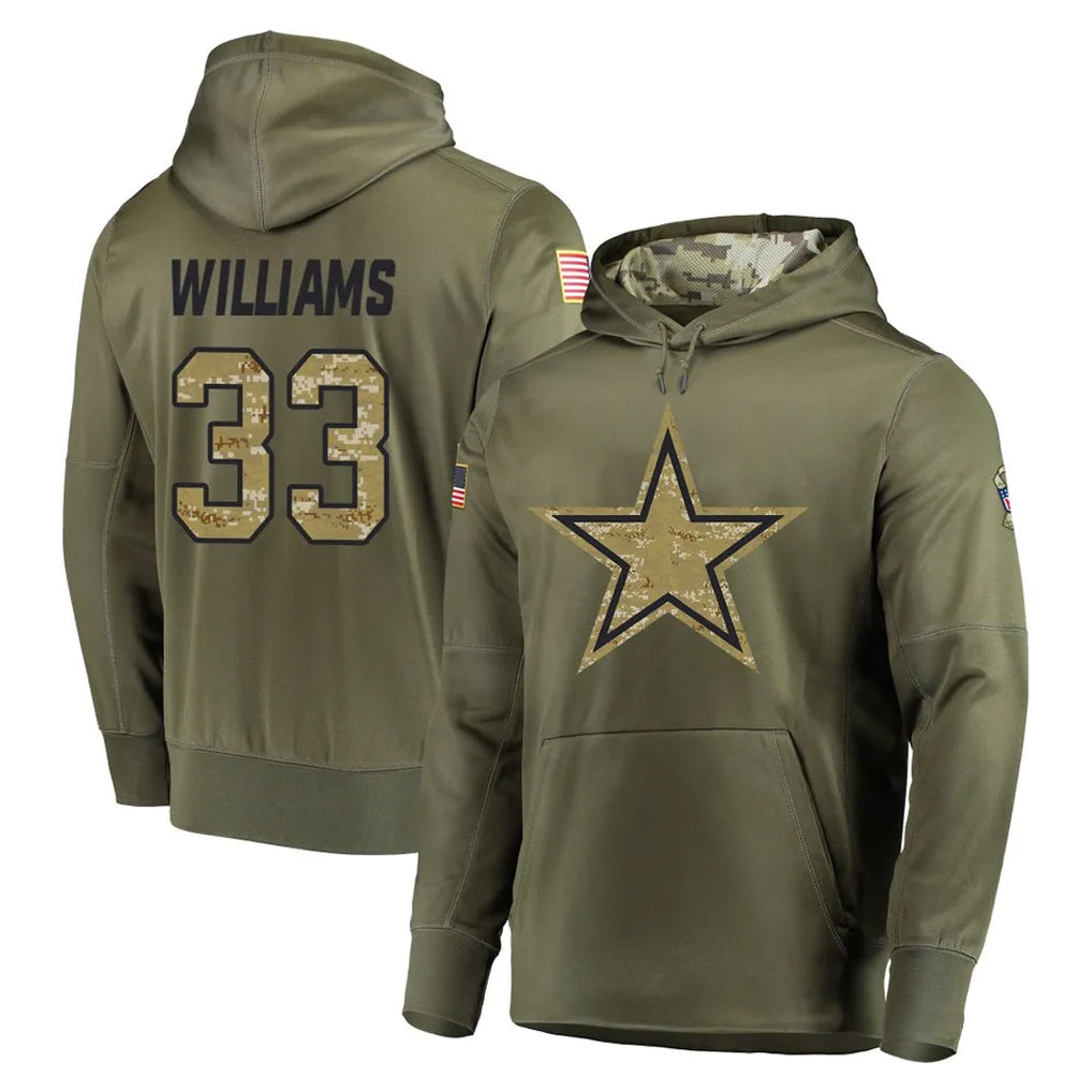 D.Cowboys #33 Javonte Williams Player Olive Salute to Service Pullover Hoodies Home Game ROCER Stitched Jerseys