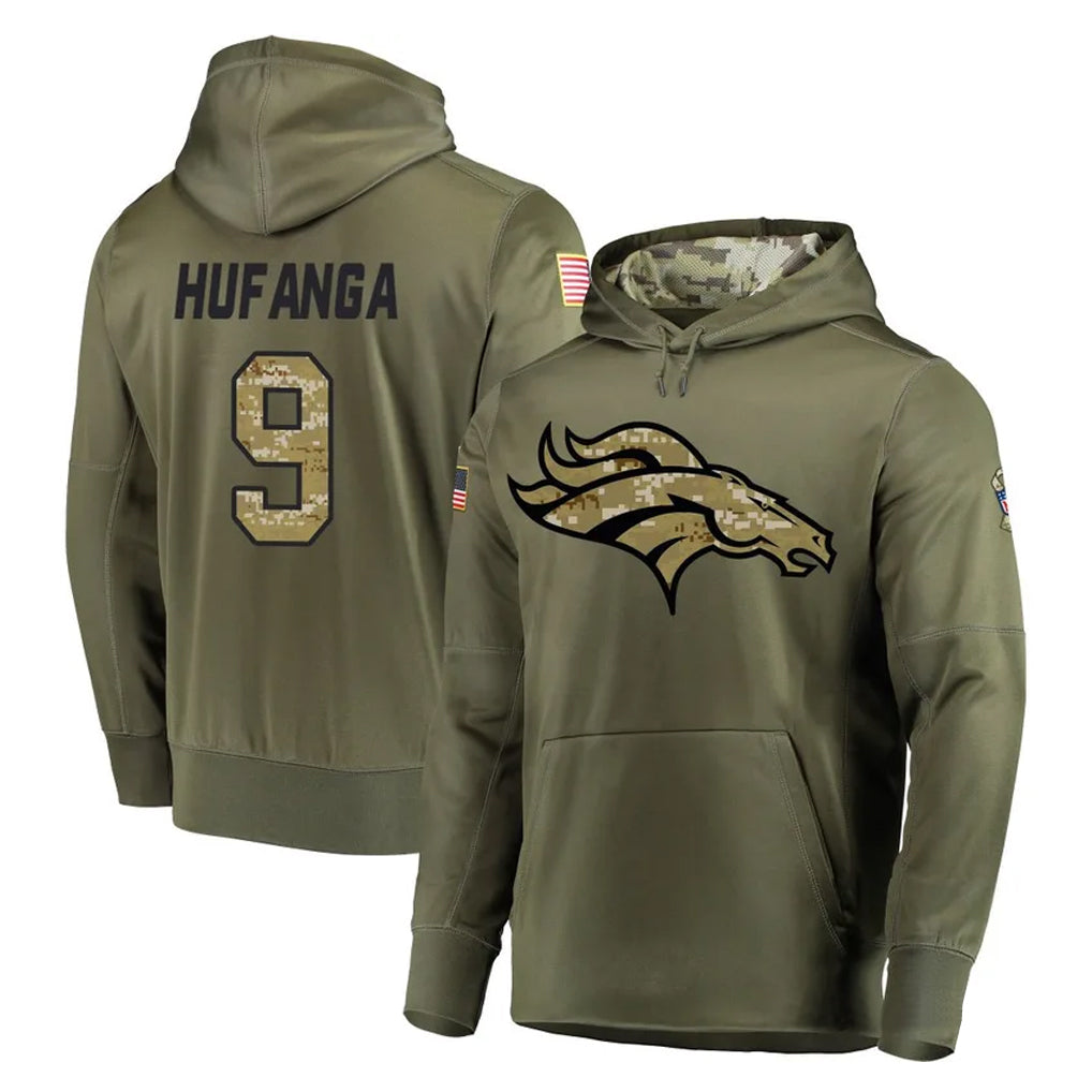 D.Broncos #9 Talanoa Hufanga Player Olive Salute to Service Pullover Hoodies Home Game ROCER Stitched Jerseys