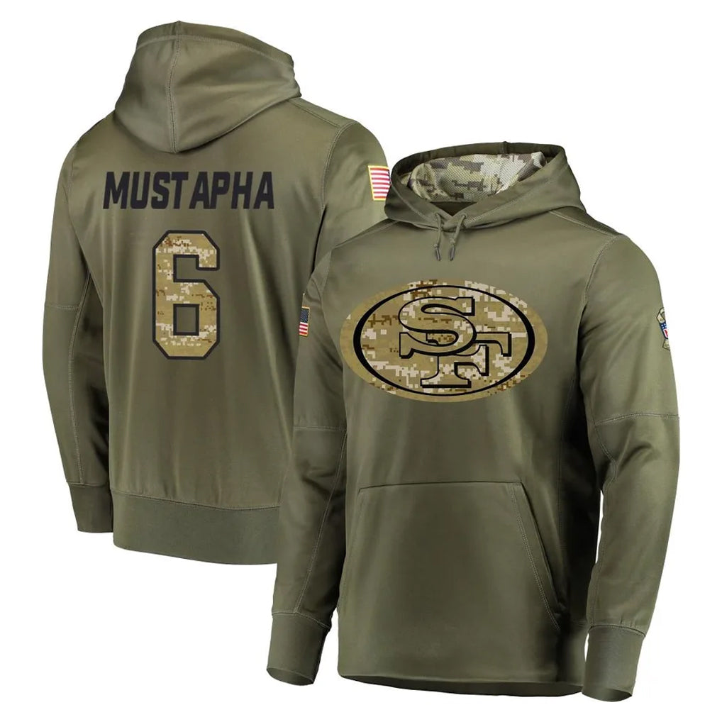 SF.49ers #6 Malik Mustapha Player Olive Salute to Service Pullover Hoodie Home Game ROCER Stitched Jerseys