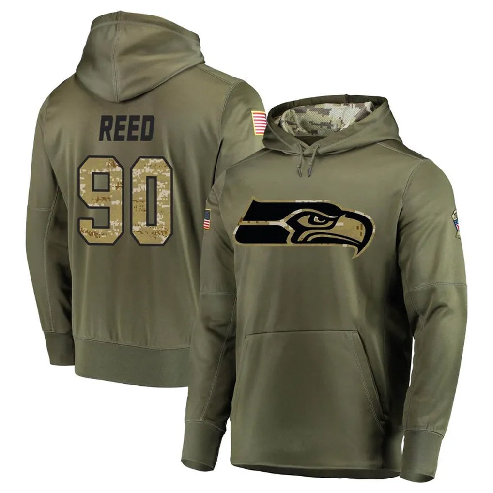 S.Seahawks #90 Jarran Reed Player Olive Salute to Service Pullover Hoodie Home Game ROCER Stitched Jerseys