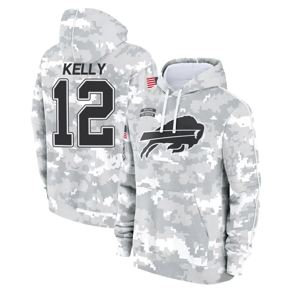B.Bills #12 Jim Kelly Player Arctic Camo Salute to Service Hoodies Limited ROCER Stitched Jerseys