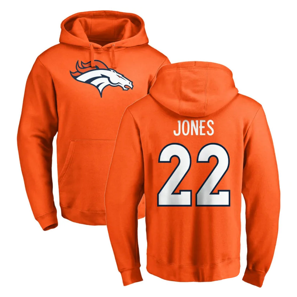 D.Broncos #22 Brandon Jones Player Orange Pullover Hoodie Limited ROCER Stitched Jerseys