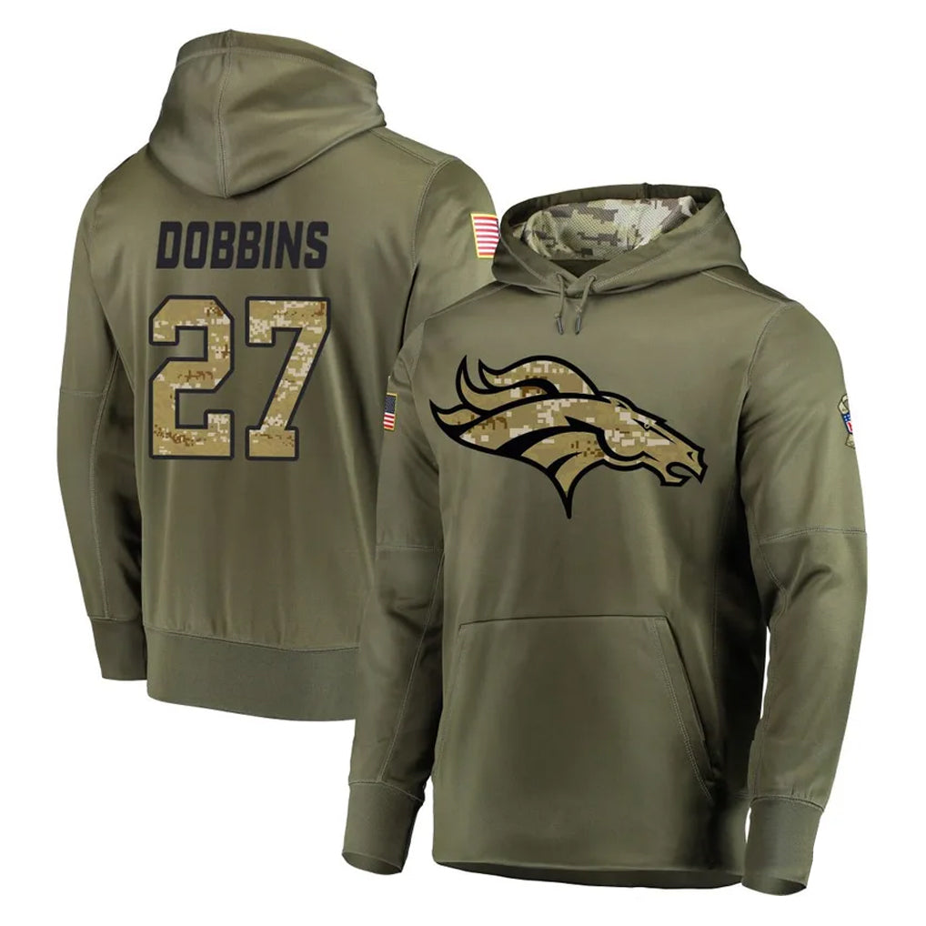 D.Broncos #27 J.K. Dobbins Player Olive Salute to Service Pullover Hoodies Home Game ROCER Stitched Jerseys