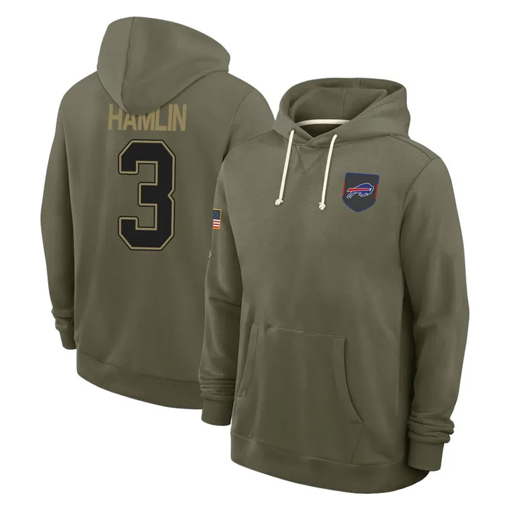 B.Bills #3 Damar Hamlin Player Olive Salute To Service Hoodies Game ROCER Stitched Jerseys