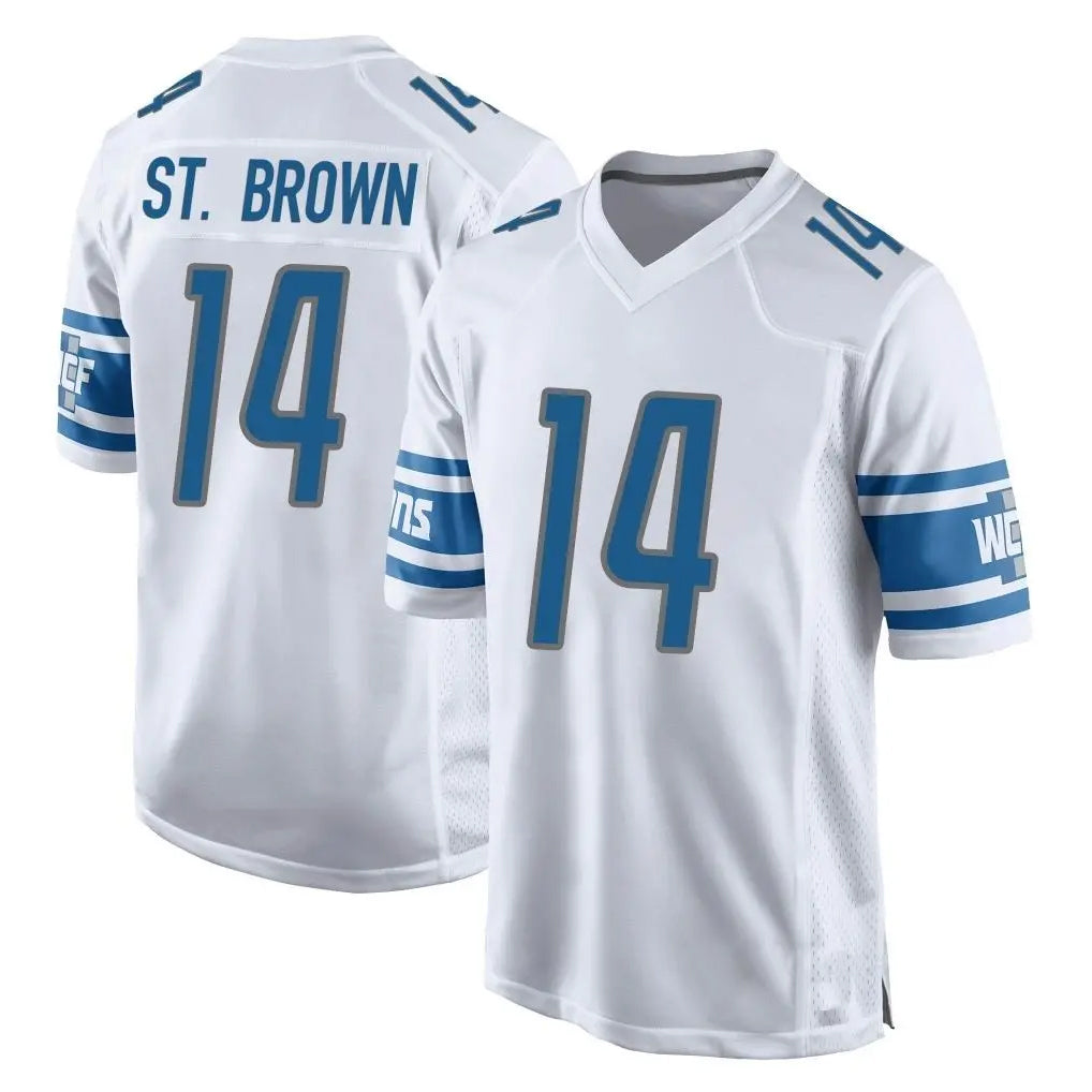 D.Lions #14 Amon-Ra St. Brown Player White Home Game ROCER Stitched Jerseys