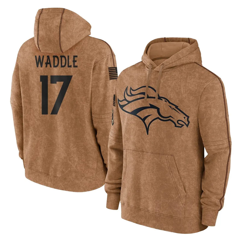 D.Broncos #17 Jaylen Waddle Player Brown Salute to Service Hoodies Limited Game ROCER Stitched Jerseys