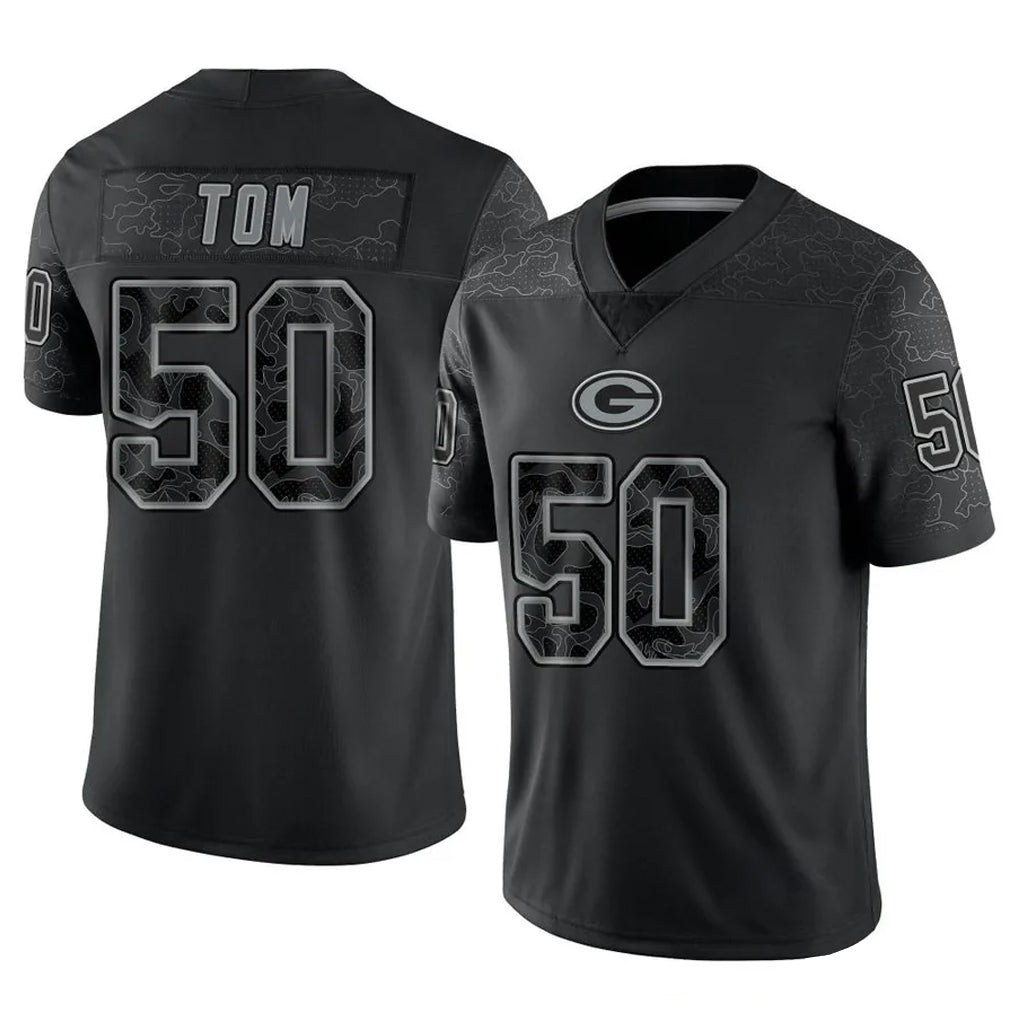 GB.Packers #50 Zach Tom Player Black Reflective Limited Home Game ROCER Stitched Jerseys