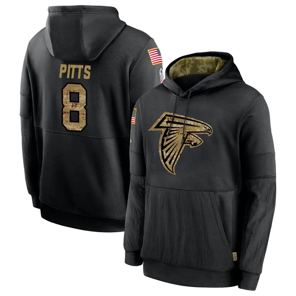 A.Falcons #8 Kyle Pitts Sr. Player Black Salute to Service Limited Black Hoodie ROCER Stitched Jerseys