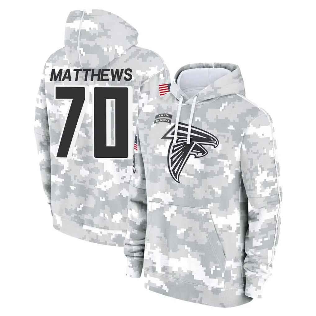 A.Falcons #70 Jake Matthews Player Arctic Camo Salute to Service Limited Hoodie ROCER Stitched Jerseys