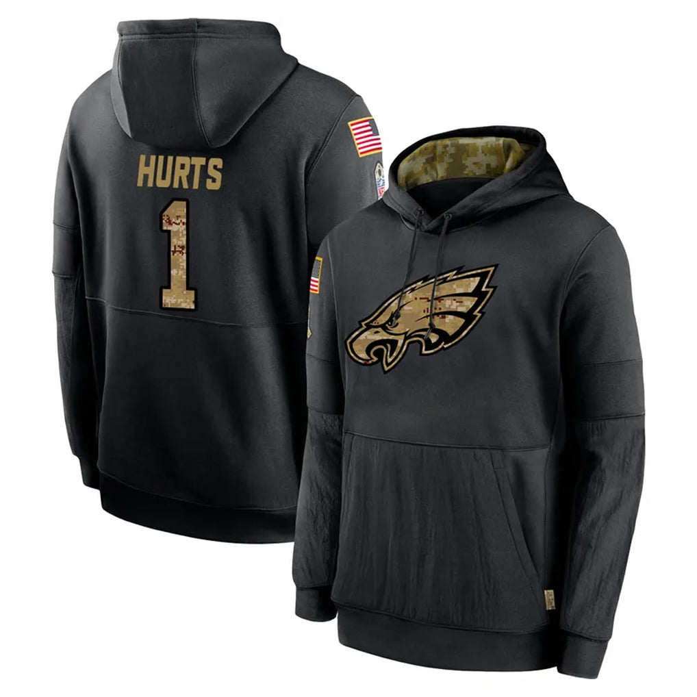 P.Eagles #1 Jalen Hurts Player Black Salute to Service Hoodies Limited Game ROCER Stitched Jerseys