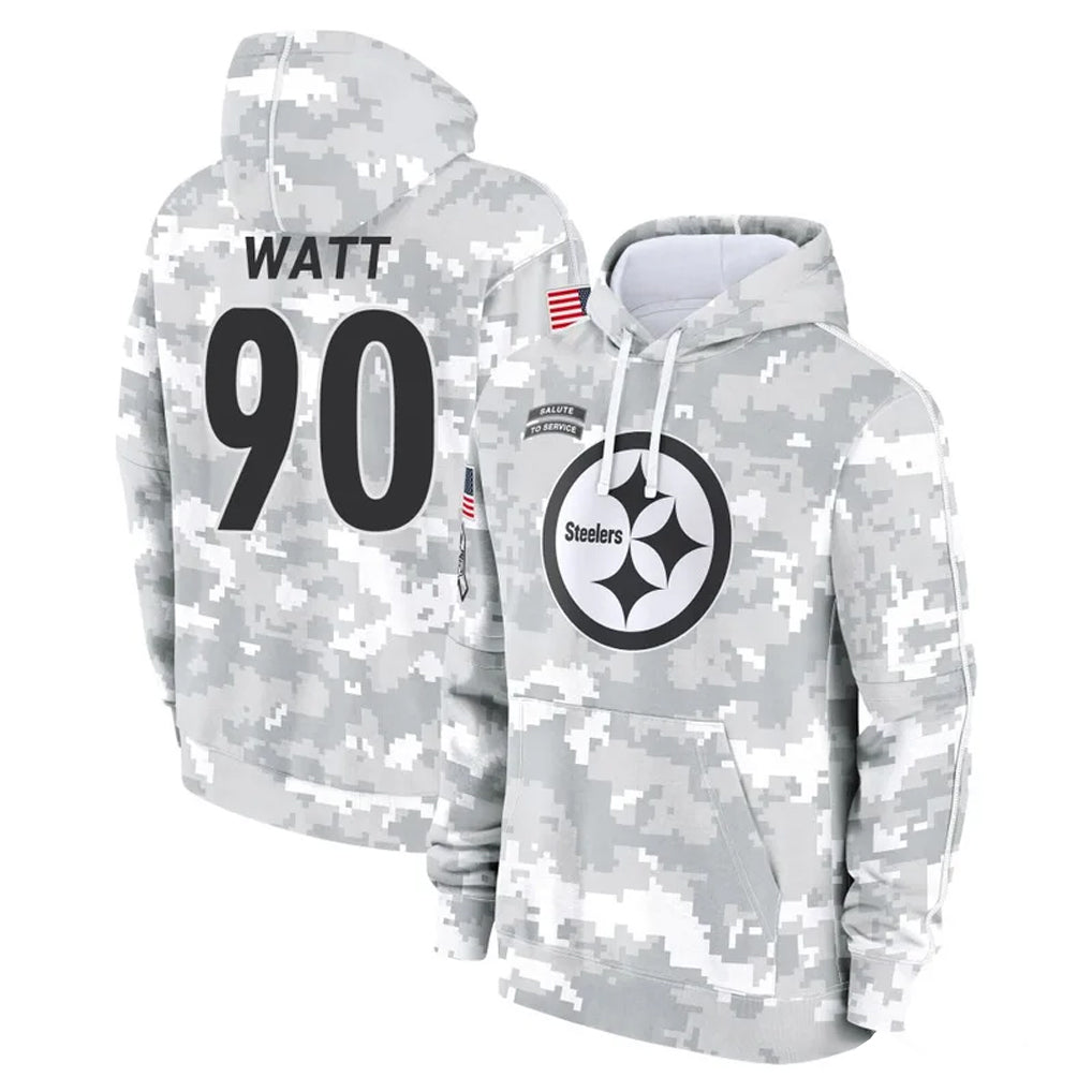 P.Steelers #90 T.J. Watt Player Arctic Camo Limited Salute to Service Pullover Hoodies Game ROCER Stitched Jerseys