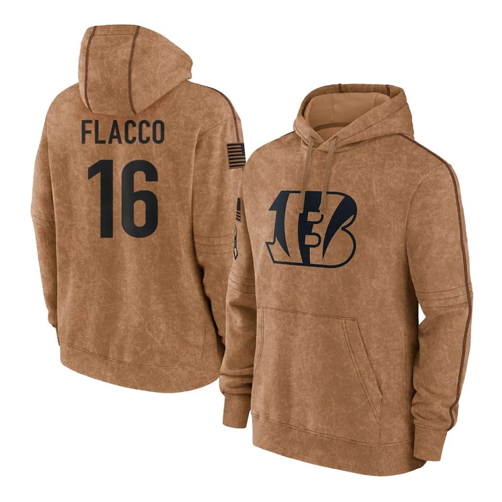 C.Bengals #16 Joe Flacco Player Brown Salute to Service Pullover Hoodie Limited ROCER Stitched Jerseys