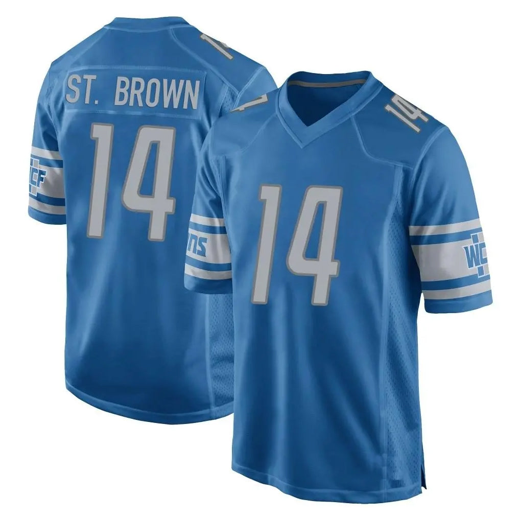 D.Lions #14 Amon-Ra St. Brown Player Blue Home Game ROCER Stitched Jerseys